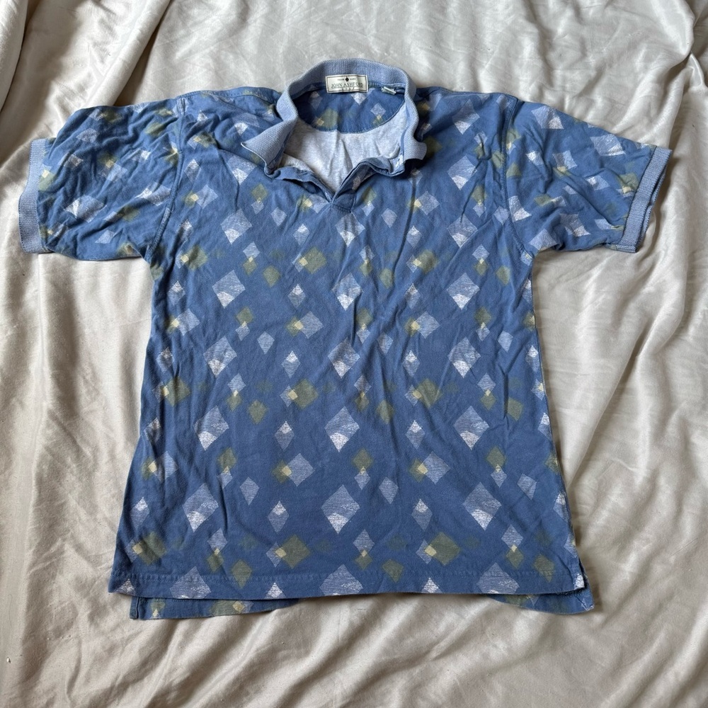 John Ashford Golf Blue Diamond Polo Shirt Size Large 100% Cotton